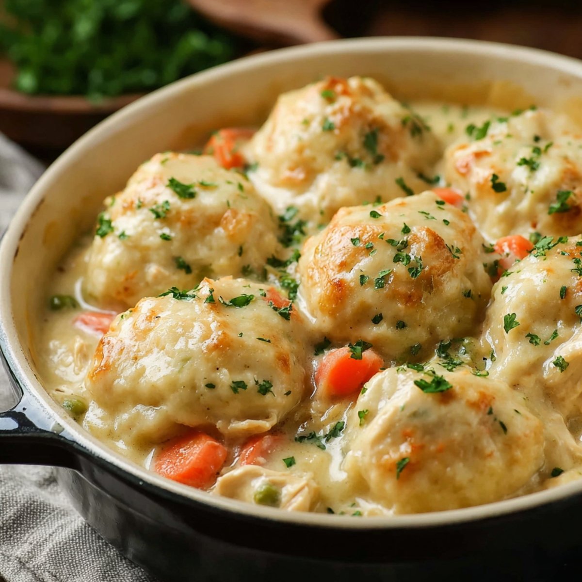 Homemade Bisquick chicken and dumplings in a creamy stew with tender carrots, parsley, and golden dumplings in a farmhouse-style dish.