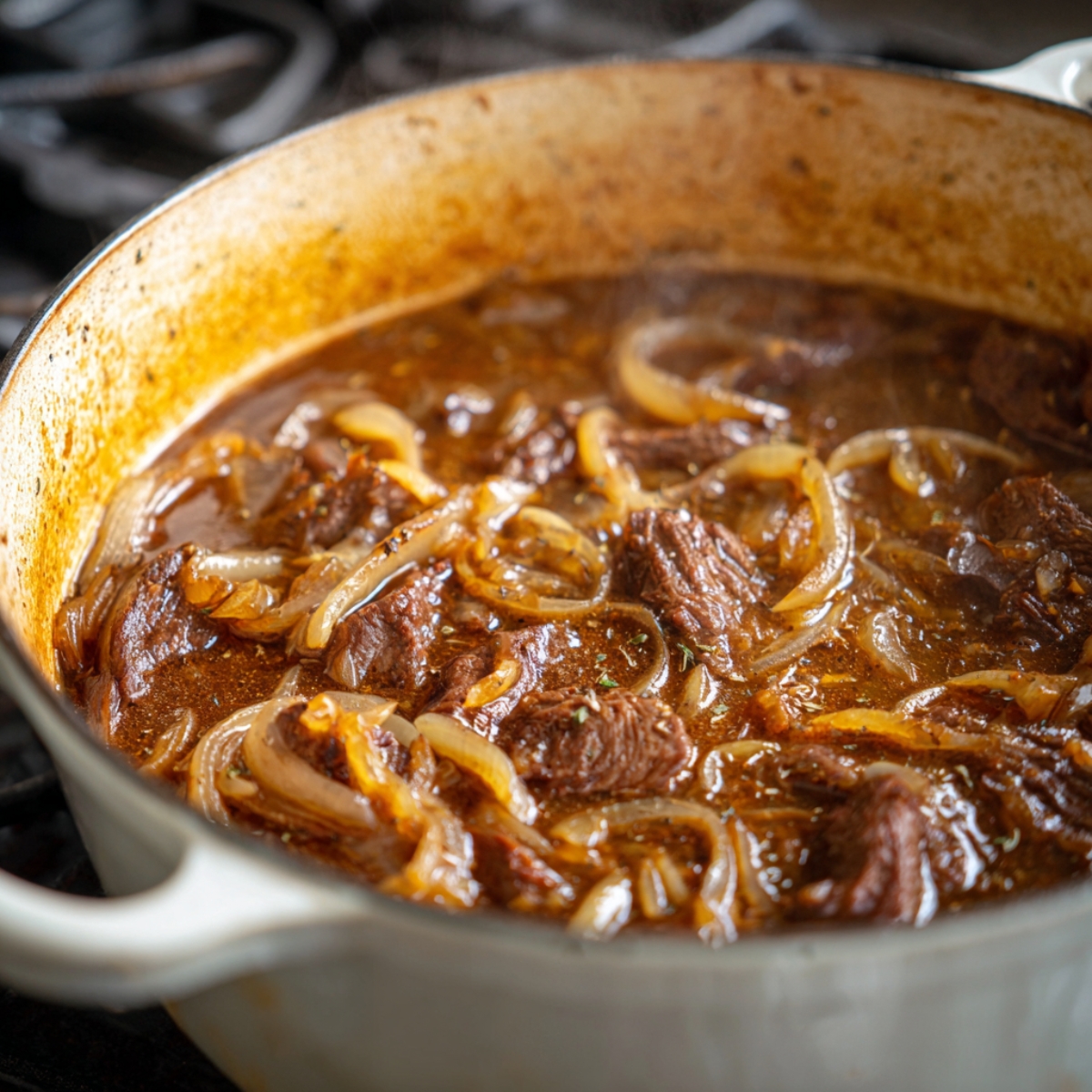 Homemade French onion pot roast simmering in a Dutch oven with tender beef chunks, caramelized onions, and rich brown gravy bubbling gently on the stove.
