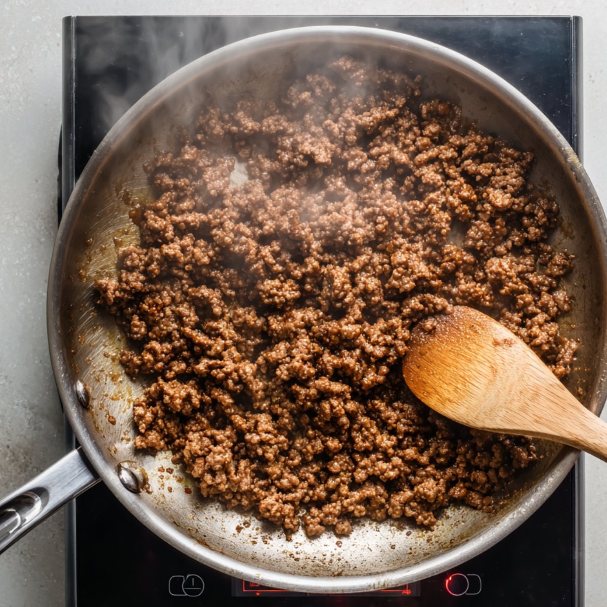 Ground beef browning in a skillet on a stovetop, being stirred with a wooden spoon as steam rises during cooking.