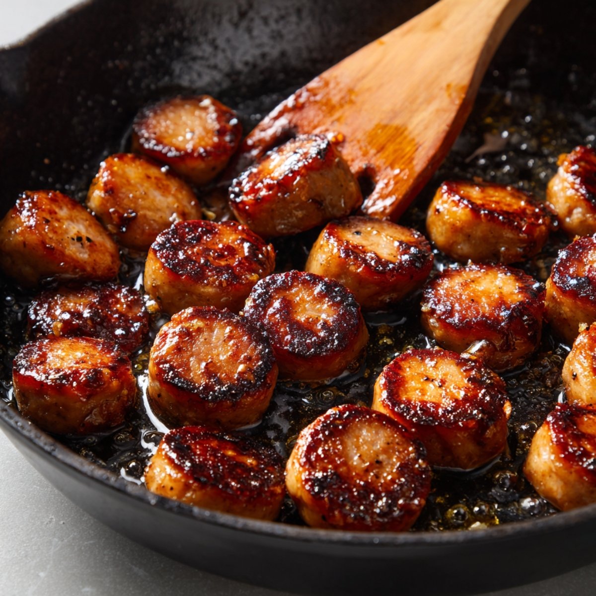 Homemade browned sausage slices sizzling in a black cast iron skillet with oil and a wooden spatula.