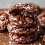 Brownie Mix Cookies with gooey melted chocolate centers and a sprinkle of flaky sea salt on top.
