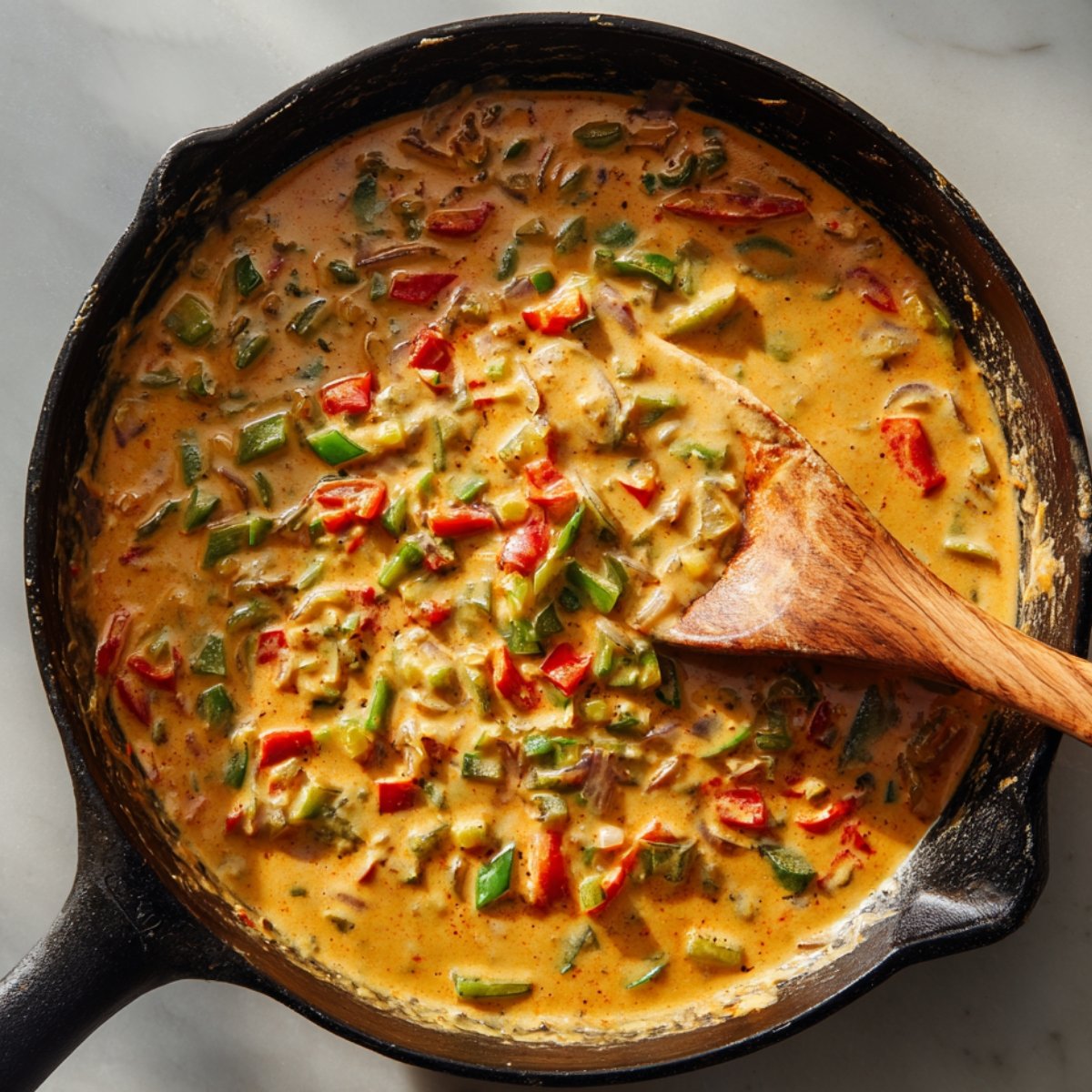 Creamy Cajun sauce with diced red and green peppers simmering in a black skillet, stirred with a wooden spoon.