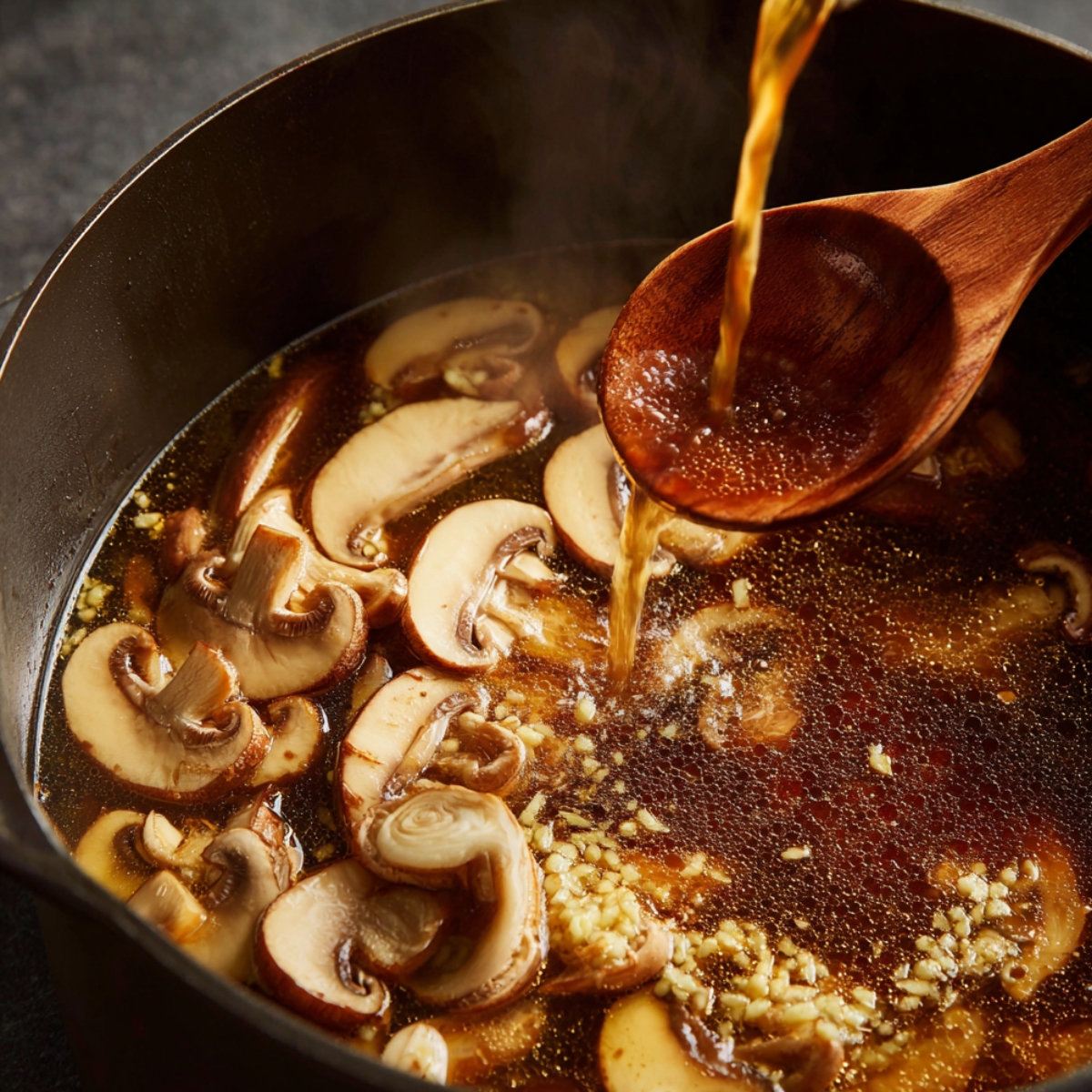 Pouring hot broth over sautéed mushrooms, garlic, and ginger in a pot for homemade potsticker soup.