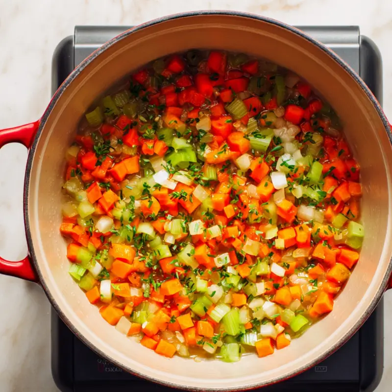 Diced carrots, celery, and onions sautéing in a red Dutch oven on the stovetop, forming the aromatic base for homemade lentil soup.