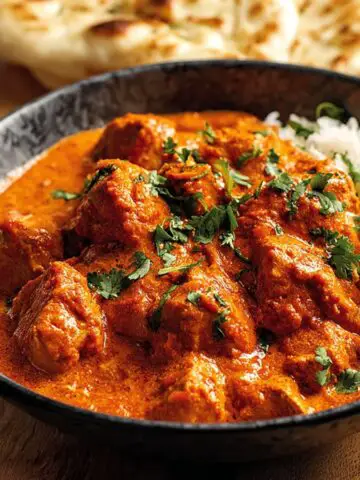 A bowl of creamy homemade butter chicken served with fluffy white basmati rice and topped with fresh cilantro, with warm naan bread in the background.