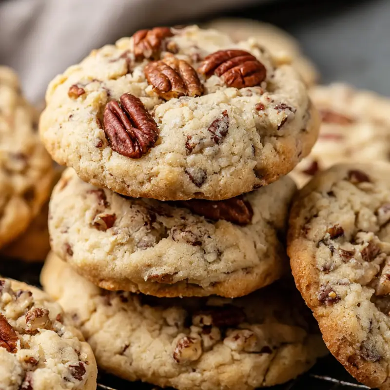 Butter Pecan Cookies with golden edges, toasted pecans on top, and a soft, crumbly texture.