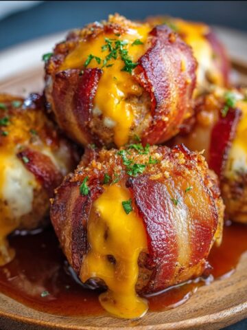 Cheddar Stuffed BBQ Bacon Bombs topped with melted cheese and fresh herbs, served on a wooden plate with caramelized BBQ sauce.