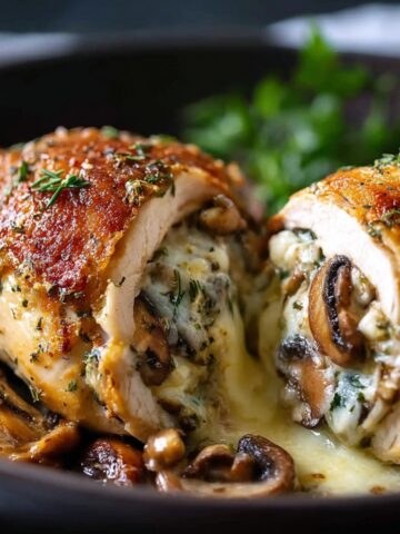 Cheesy Garlic Butter Mushroom Stuffed Chicken with creamy cheese, garlic, and mushrooms, sliced open with melted filling spilling onto the plate and surrounded by sautéed mushrooms.