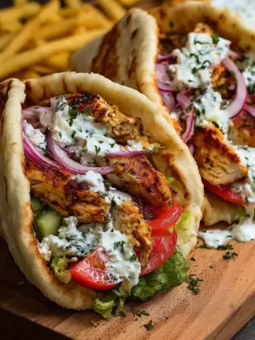 Chicken Gyro wrapped in warm pita and filled with grilled chicken, fresh vegetables, and tzatziki, served on a wooden board.