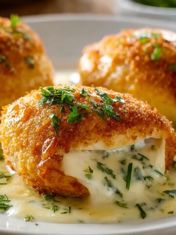 Chicken Pillows with a crispy golden coating, oozing creamy herb filling onto the plate, topped with fresh chopped parsley.