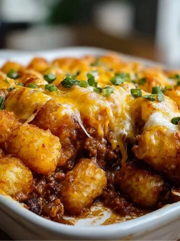 Chili Cheese Tater Tot Casserole in a white baking dish, topped with melted cheddar cheese, crispy golden tater tots, and fresh chopped green onions.