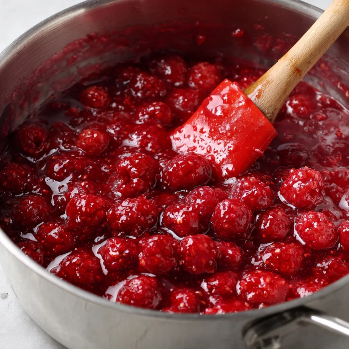 Homemade raspberry filling cooking in a saucepan, with whole raspberries simmering in a glossy red sauce and a red spatula stirring.