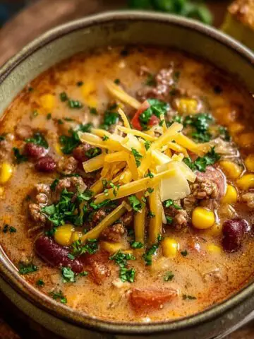 Cowboy Soup filled with ground beef, beans, corn, tomatoes, and spices, topped with shredded cheddar and fresh parsley.