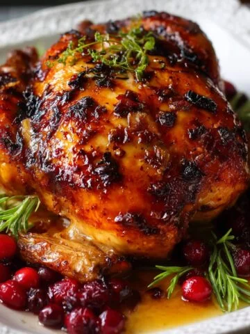 Cranberry Maple Roast Chicken with golden caramelized skin, fresh rosemary, and whole cranberries on a white serving platter.