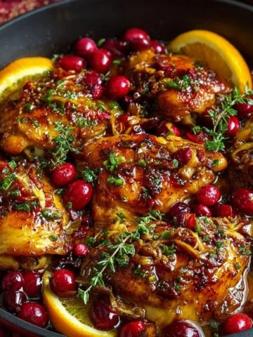 Cranberry Orange Chicken thighs simmering in a skillet with fresh cranberries, orange slices, and herbs in a glossy caramelized sauce.