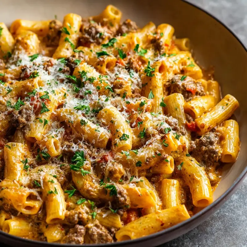 Creamy beef pasta with rigatoni, ground beef, and parmesan cheese, topped with fresh parsley in a brown bowl.