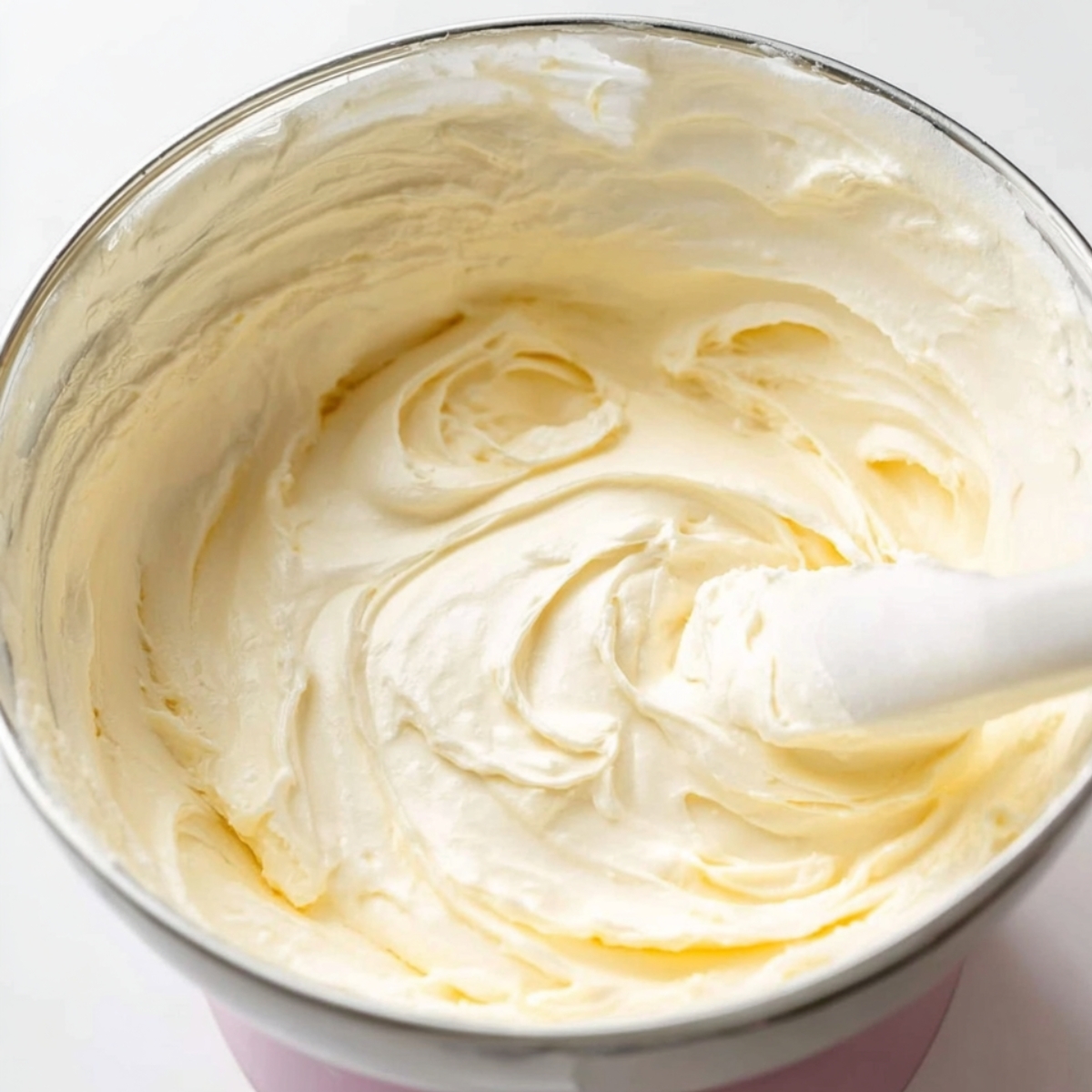A bowl of creamy homemade cheesecake batter being mixed with a spatula for pumpkin swirl cheesecake.