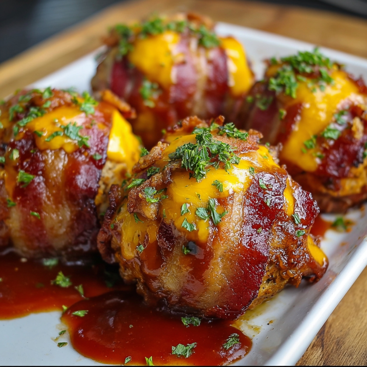 Easy Cheddar Stuffed BBQ Bacon Bombs with melted cheese and fresh herbs, served on a wooden plate with caramelized BBQ sauce.