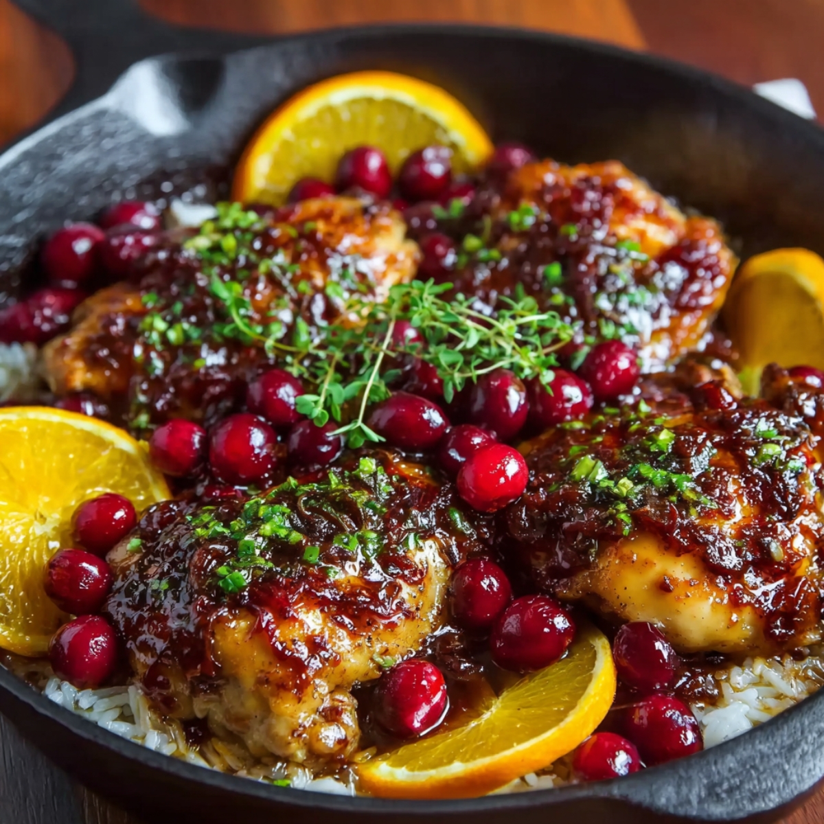 Homemade cranberry orange chicken served in a skillet over rice, topped with fresh cranberries, orange slices, and herbs in a glossy caramelized sauce.