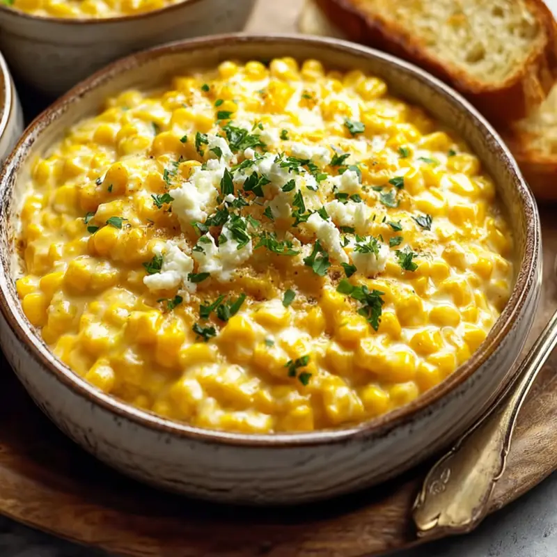 Homemade creamed corn served in a rustic bowl, topped with fresh herbs and cheese, with toasted bread on the side.