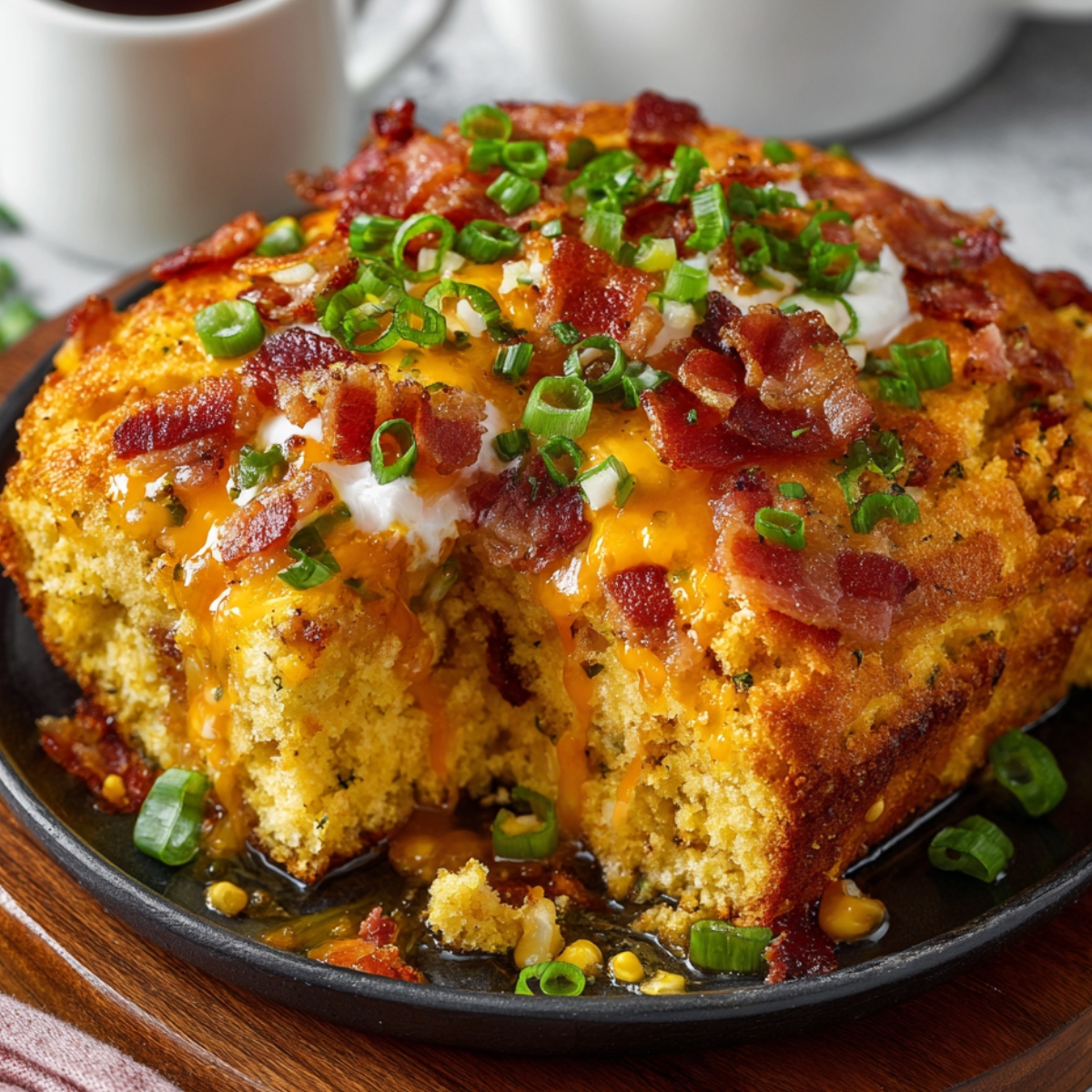 A homemade loaded cornbread casserole topped with melted cheddar, crispy bacon, and fresh green onions.
