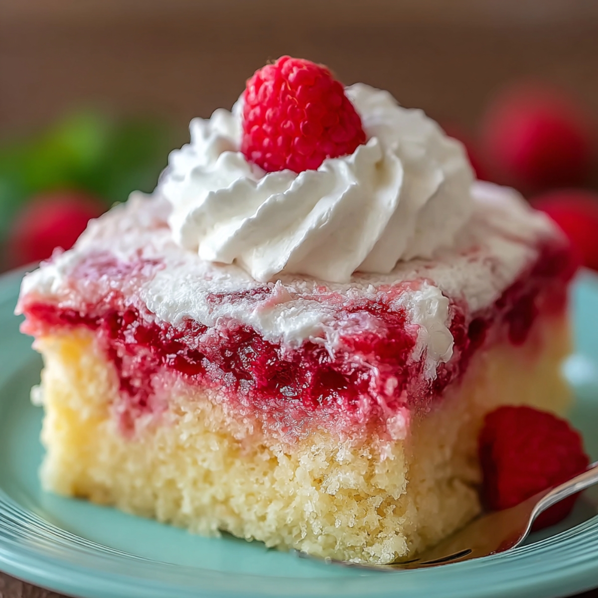A homemade slice of raspberry zinger poke cake topped with whipped cream and a fresh raspberry.