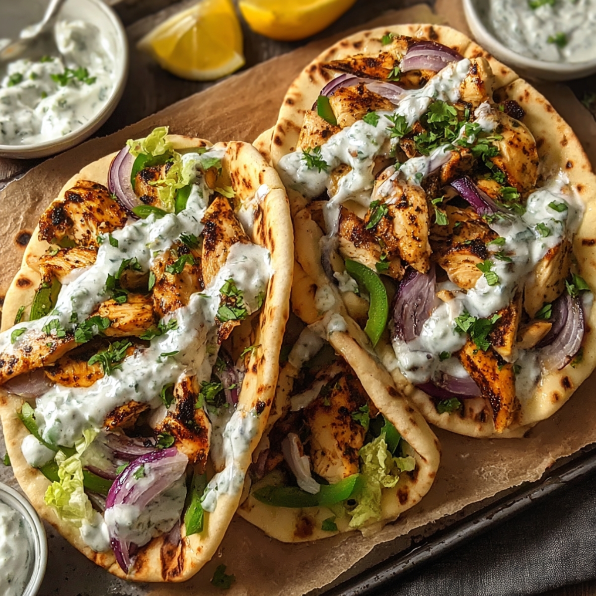 Easy Sheet Pan Chicken Pitas Recipe filled with grilled chicken, crisp lettuce, and red onions, topped with creamy tzatziki sauce and fresh herbs, served on toasted pita bread with a small bowl of sauce on the side.