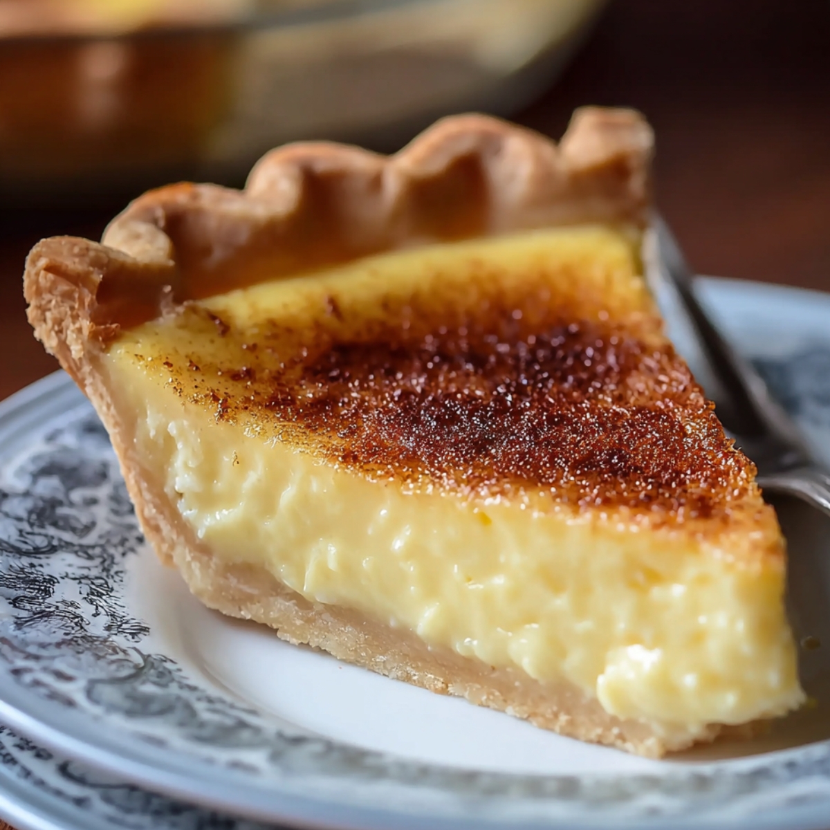 Homemade egg custard pie slice on a vintage patterned dessert plate, showing a silky, golden-yellow custard filling with a slightly caramelized nutmeg topping and a flaky, golden-brown crust edge. The pie sits in soft natural light with a fork resting beside it, creating a cozy, homemade kitchen atmosphere.