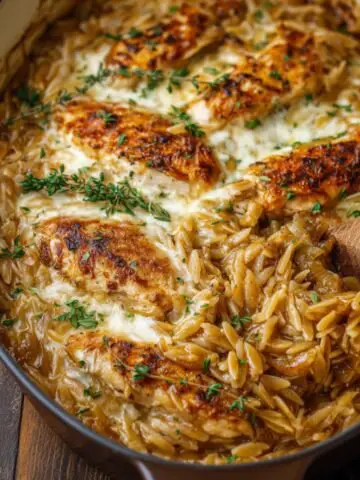 Creamy French onion chicken orzo baked in a skillet, with golden seared chicken thighs, caramelized onions, melted cheese, and fresh thyme on top.