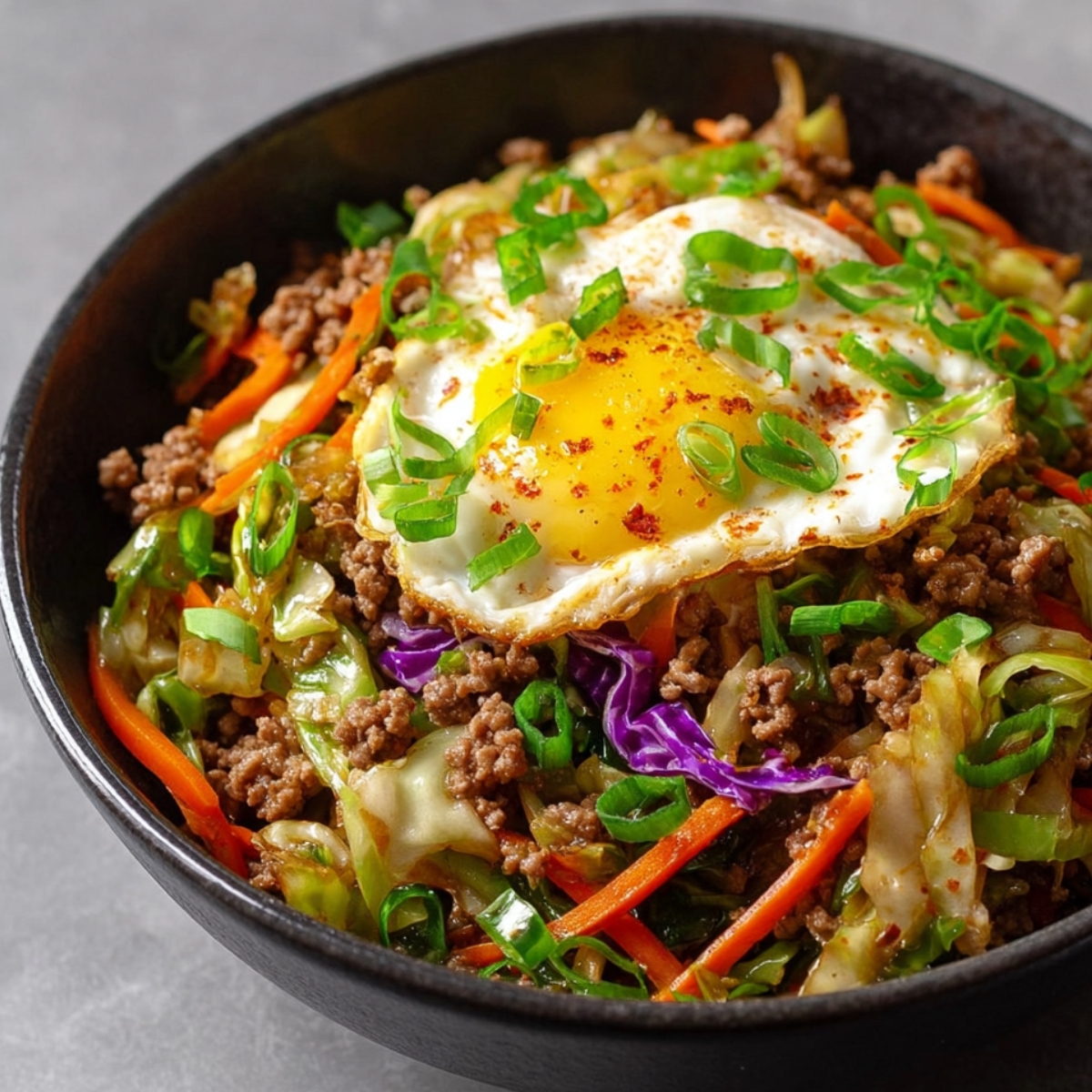 A homemade bowl of egg roll in a bowl with ground pork, sautéed cabbage and carrots, and a fried sunny-side-up egg topped with green onions and sesame seeds.