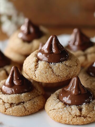 Homemade peanut butter blossom cookies topped with soft, glossy chocolate kisses, lightly coated in sugar and arranged on a plate with a warm, cozy background.