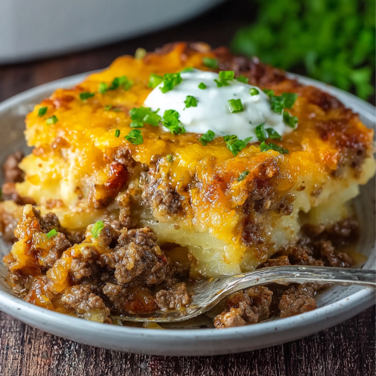 Homemade hobo casserole made with layers of ground beef, potatoes, and melted cheddar cheese, served on a plate with a dollop of sour cream and chopped chives on top, showing a warm, golden, cheesy texture and rich, hearty filling.