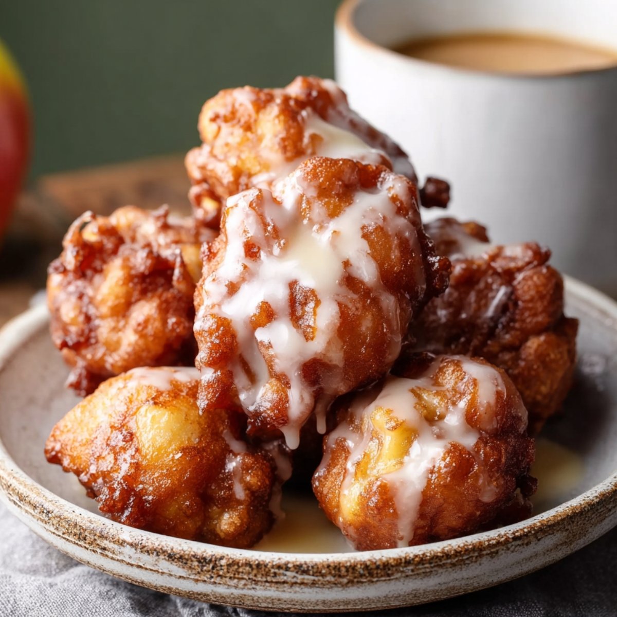 Homemade Apple Fritters drizzled with glaze, golden brown and crisp, served on a rustic ceramic dish beside a cup of coffee.