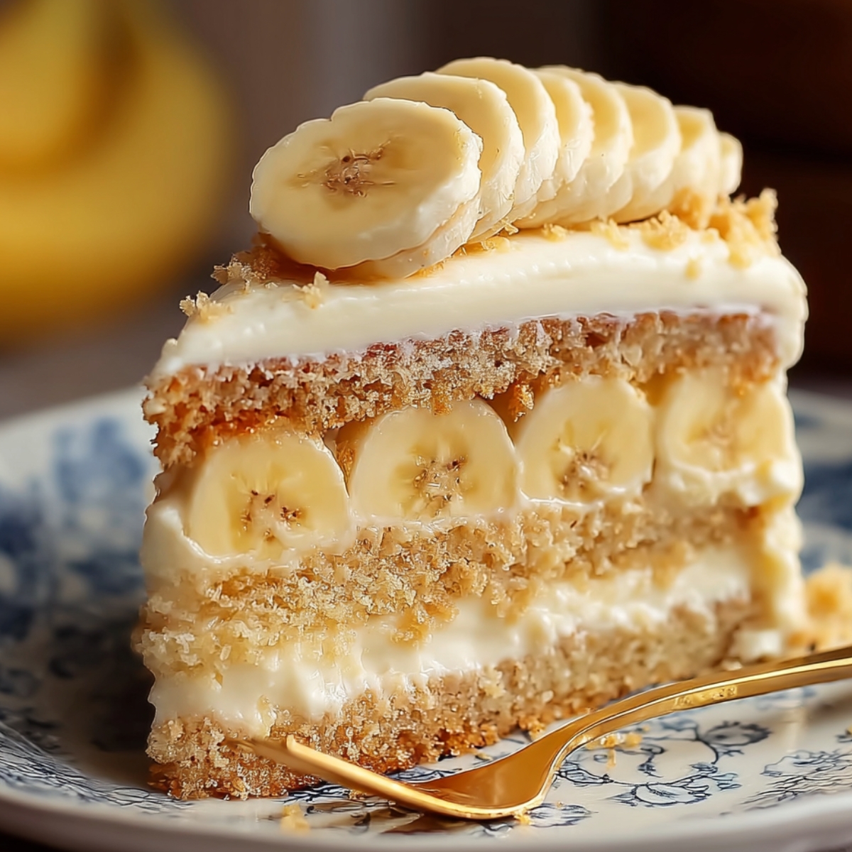 Homemade Banana Pudding Cake with creamy layers and fresh banana slices, topped with sliced bananas, sitting on a blue patterned plate beside a gold fork.