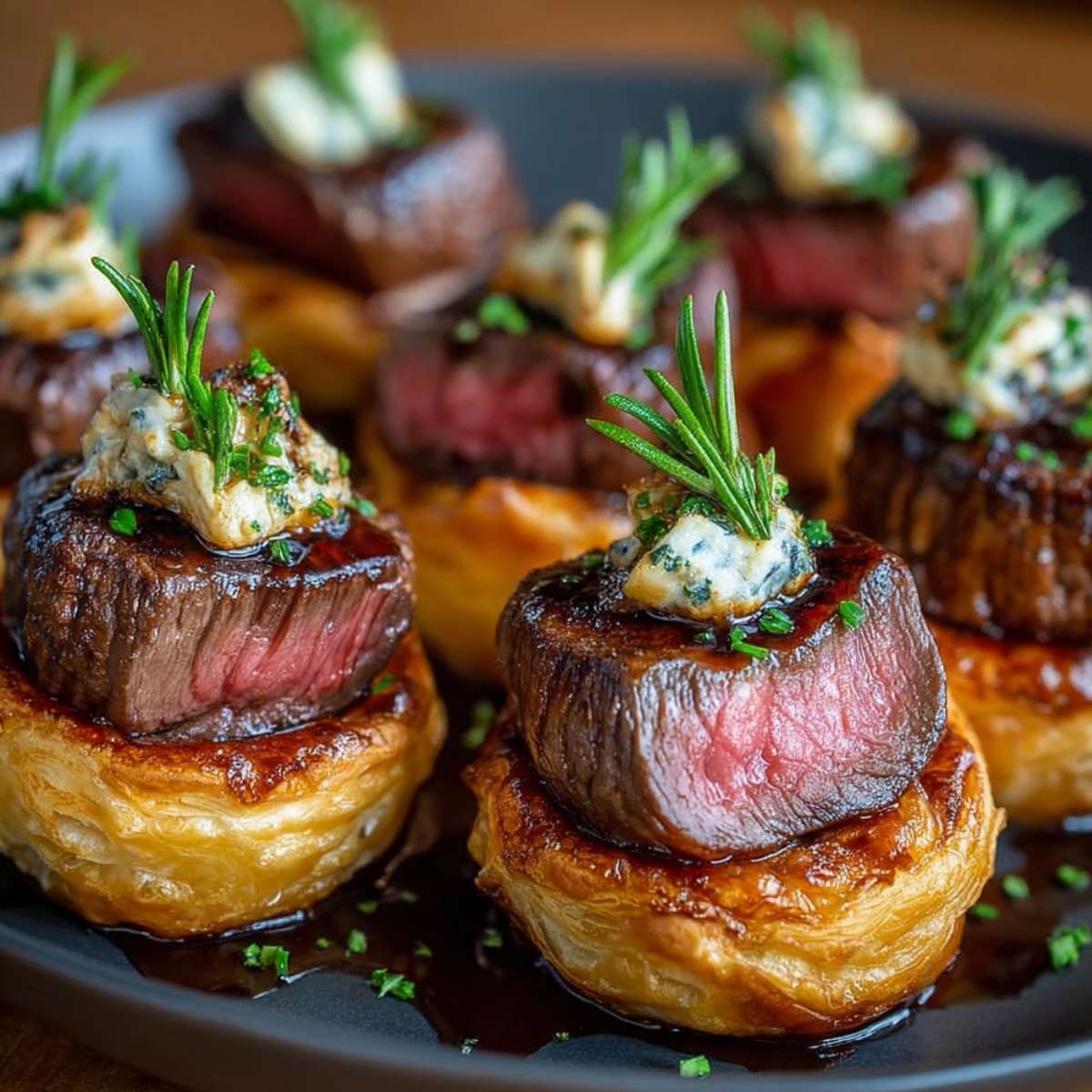 Homemade beef Wellington bites topped with seared steak, blue cheese crumbles, fresh herbs, and a glossy brown sauce, served on golden puff-pastry squares.