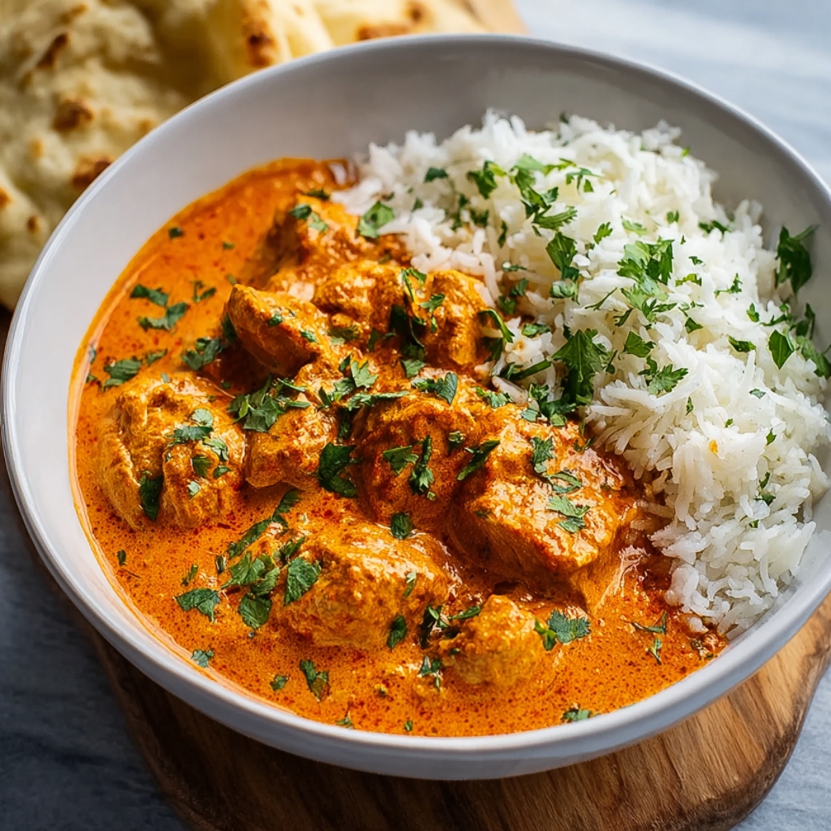 Homemade Butter Chicken Recipe served with fluffy basmati rice, garnished with fresh cilantro, and naan bread in the background.