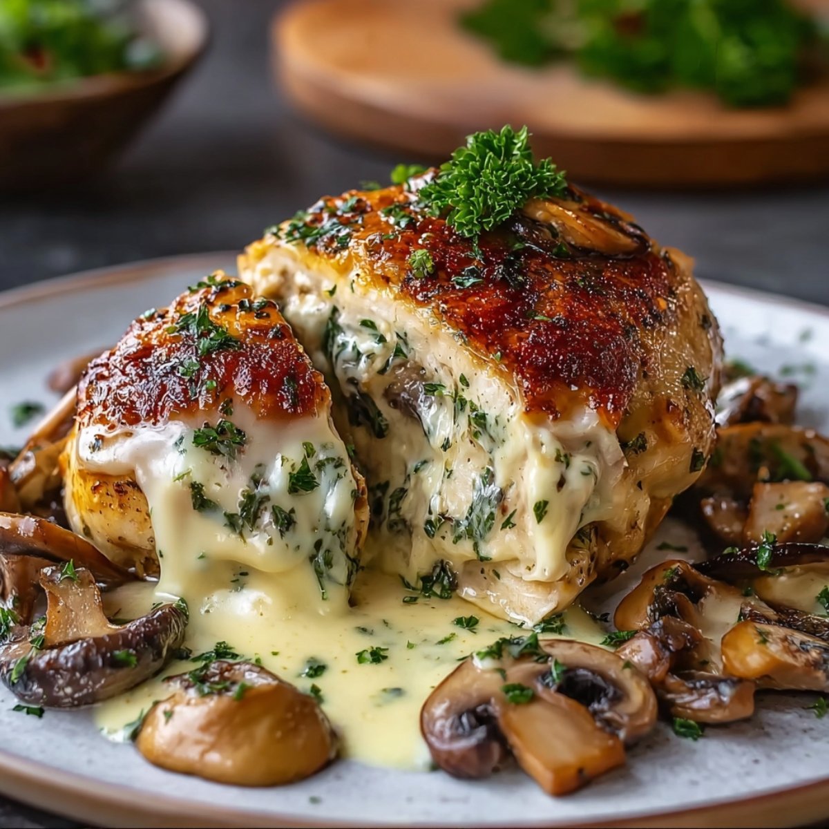 Homemade Cheesy Garlic Butter Mushroom Stuffed Chicken with melted cheese, garlic, and sautéed mushrooms, sliced open to show the creamy filling and golden, crispy skin.