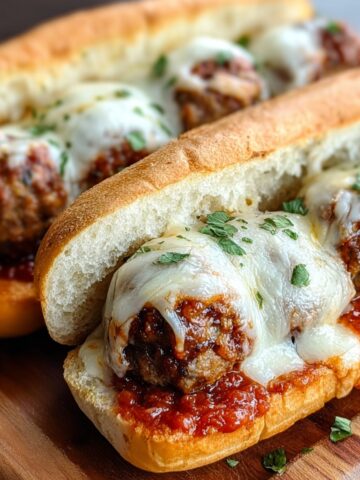 Homemade Cheesy Meatball Subs topped with melted mozzarella and fresh herbs on toasted hoagie rolls.