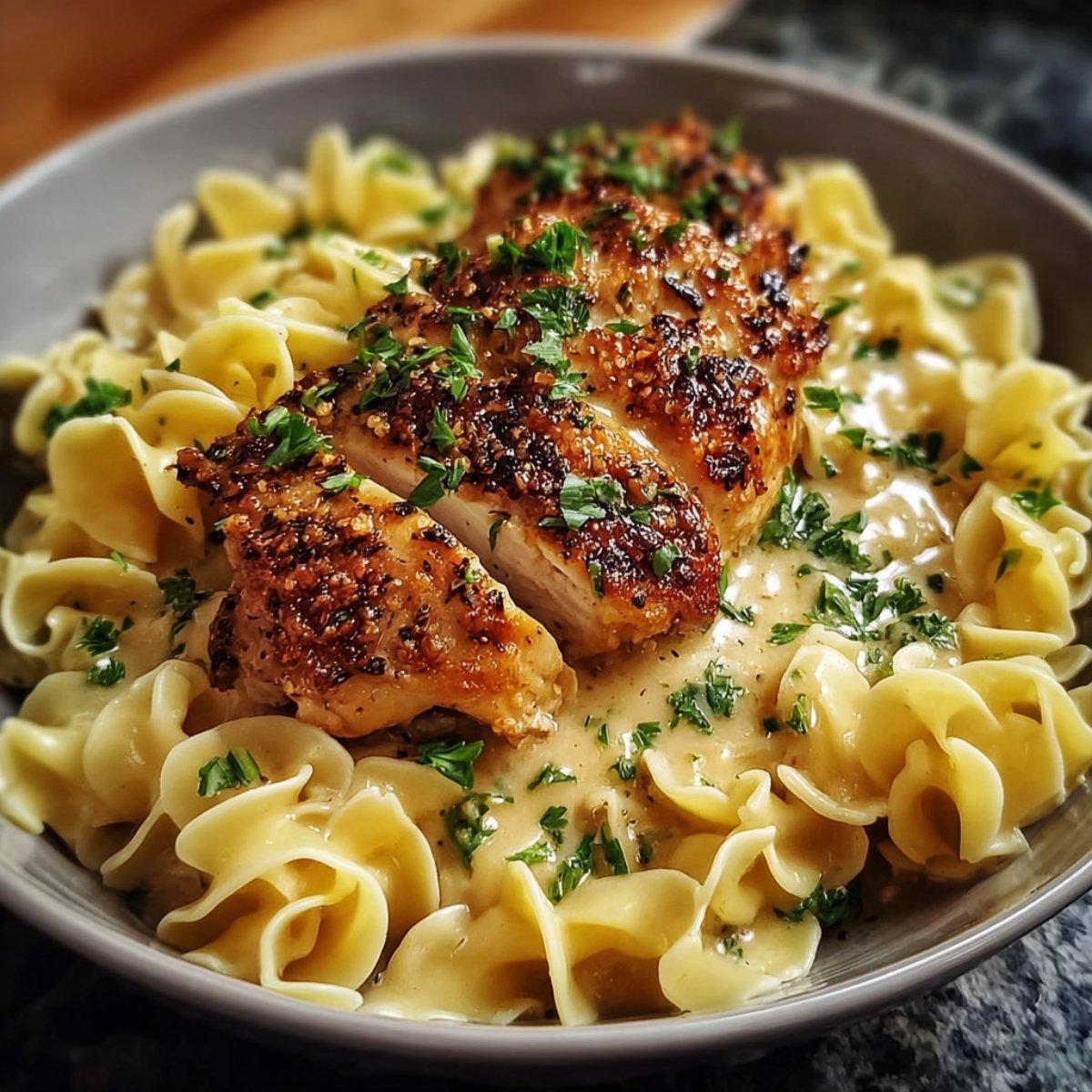 Homemade Chicken with Buttered Noodles topped with parsley in a black bowl on a wooden table.