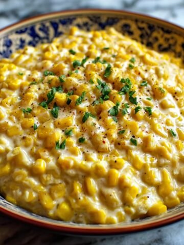 Homemade creamed corn served in a patterned bowl, topped with chopped parsley and black pepper.