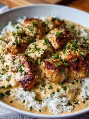 Homemade Creamy Smothered Chicken and Rice dish in a skillet - golden-brown seared chicken pieces nestled in a rich, creamy mushroom sauce, served over fluffy white rice and sprinkled with fresh chopped parsley.