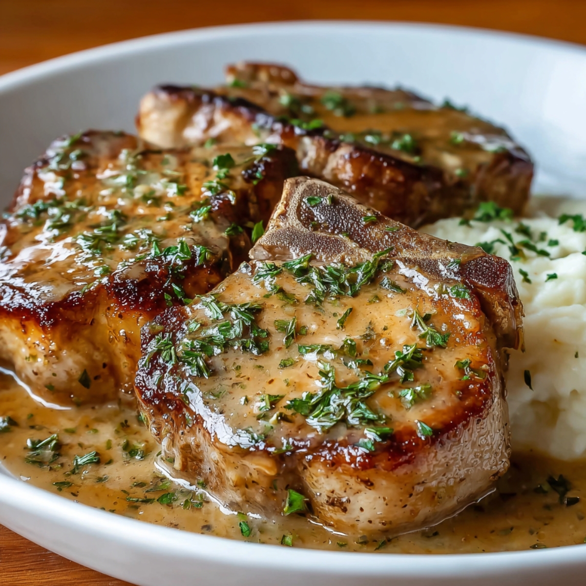 Homemade crock pot pork chops topped with creamy herb gravy and fresh thyme, served on a blue plate.