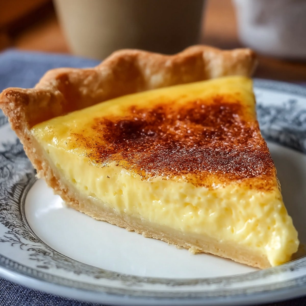 Homemade Egg Custard Pie on a white ceramic plate, showing a silky yellow custard filling topped with a light dusting of nutmeg and a perfectly baked golden crust. The texture looks creamy and smooth, with natural lighting highlighting the glossy surface. A striped kitchen towel and brown eggs are softly blurred in the background, giving it a cozy, homemade feel.