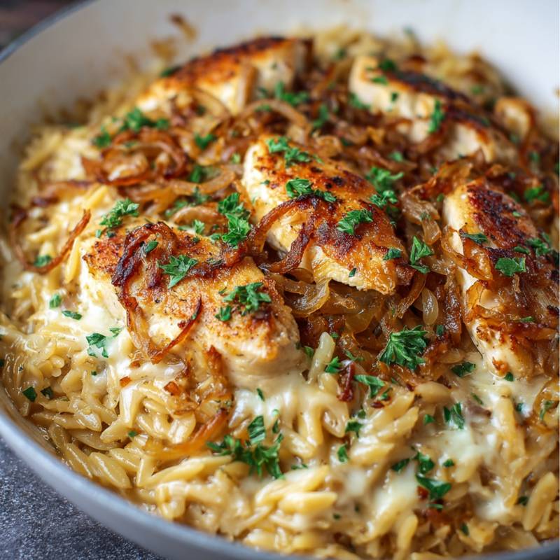 Homemade French onion chicken orzo topped with golden seared chicken, caramelized onions, melted cheese, and fresh parsley in a skillet.