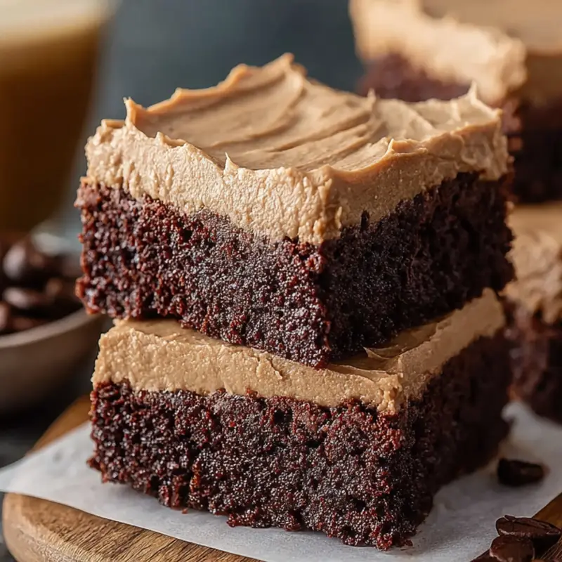 Homemade Frosted Coffee Brownies stacked on parchment paper, showing a dense, fudgy chocolate base and thick, creamy coffee buttercream frosting on top, with soft texture and natural crumbs visible, set on a wooden board for a cozy, real kitchen look.