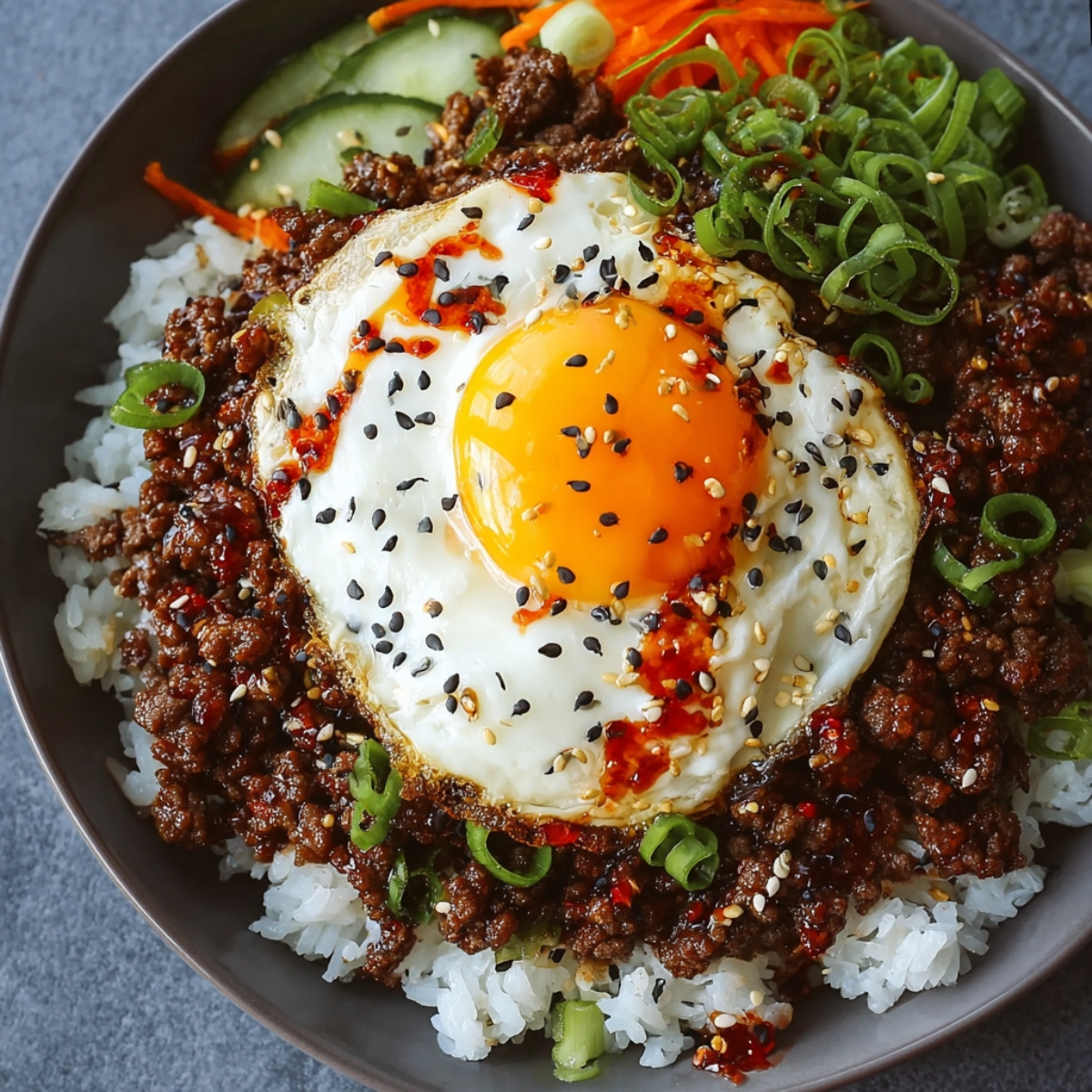 Homemade Korean Ground Beef Bowl with white rice, topped with a sunny-side-up egg, sliced cucumbers, shredded carrots, green onions, sesame seeds, and chili oil drizzle.
