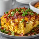 Homemade Loaded Cornbread Casserole topped with melted cheddar, crispy bacon, and green onions.