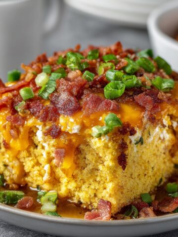 Homemade Loaded Cornbread Casserole topped with melted cheddar, crispy bacon, and green onions.