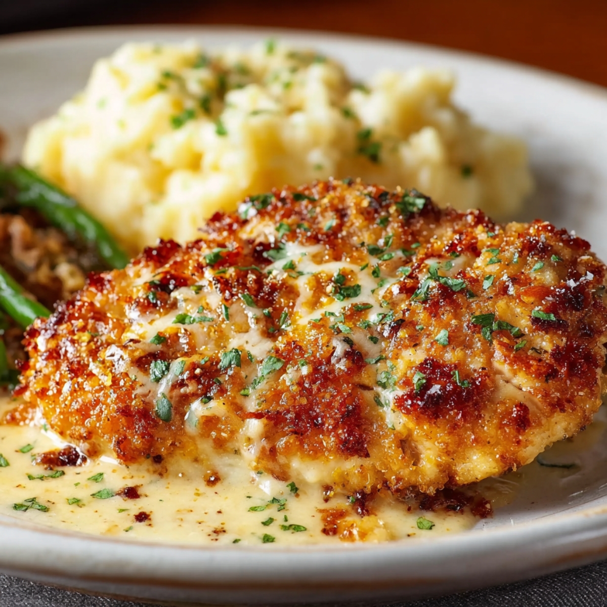 Homemade Longhorn Steakhouse Parmesan Chicken served with creamy mashed potatoes and green beans on a dinner plate.