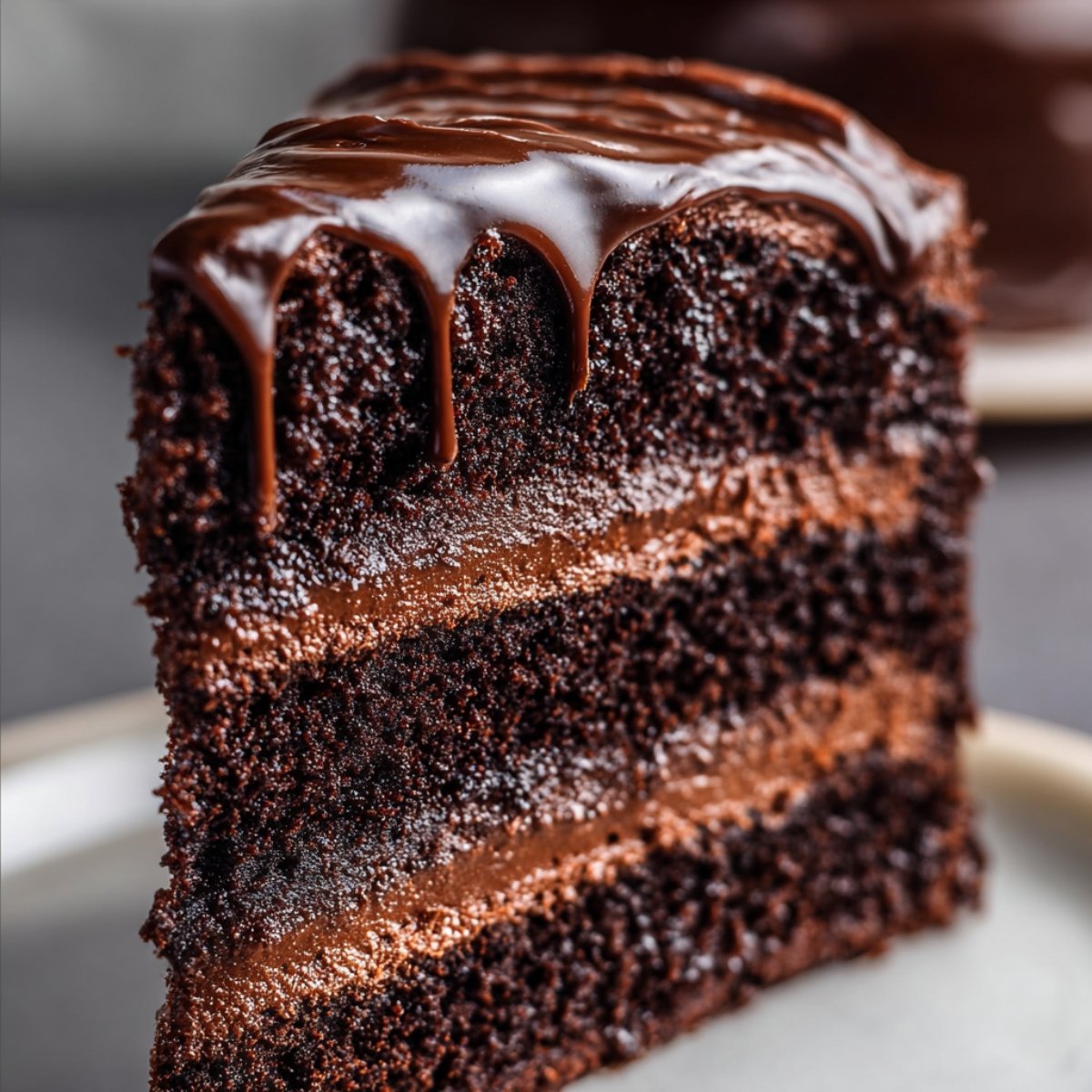 Homemade Matilda Chocolate Cake with three moist, dark layers and rich fudgy frosting, topped with a glossy chocolate drip.